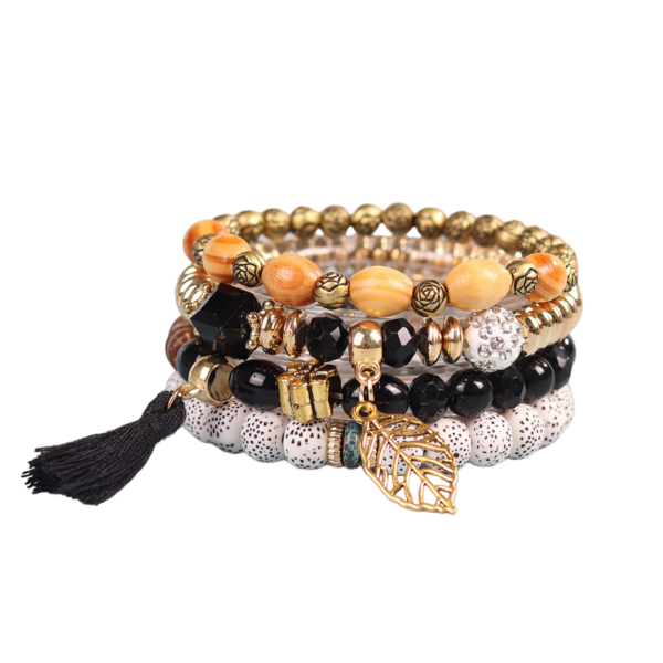 Bohemian Tassel Bracelet Set with Glass Beads Multi-Layer Jewelry Black