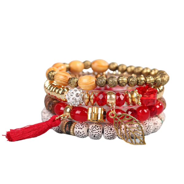 Bohemian Tassel Bracelet Set with Glass Beads Multi-Layer Jewelry Red
