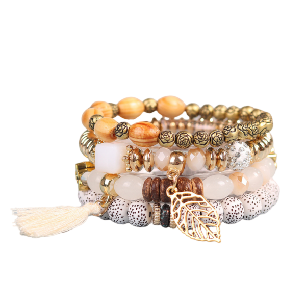 Bohemian Tassel Bracelet Set with Glass Beads Multi-Layer Jewelry White